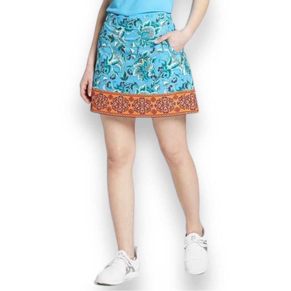 Lady Hagen Turquoise Floral Golf Skort with Orange Border